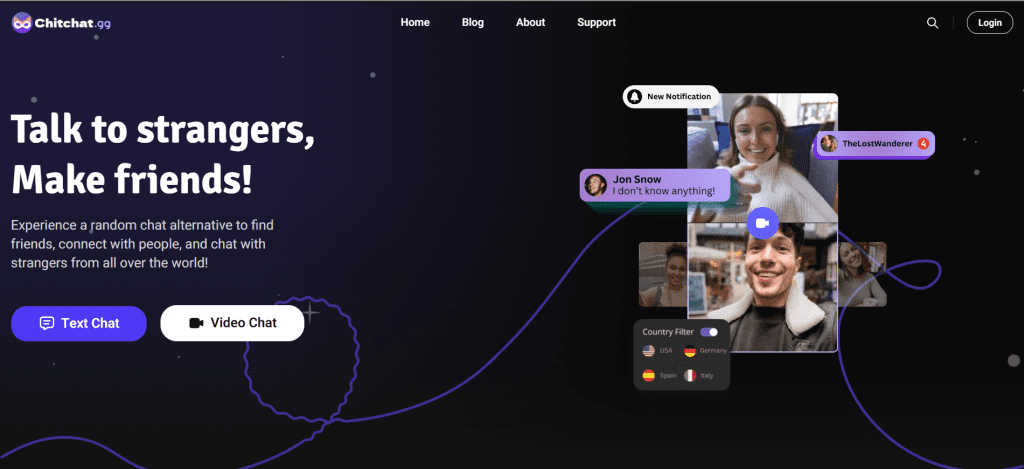 chitchat homepage screenshot displaying random video chat interface for chat to strangers online within a global video chat community