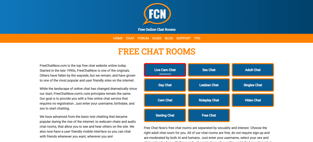 freechatnow homepage screenshot displaying adult cam platform with live video chat and cam to cam interactions