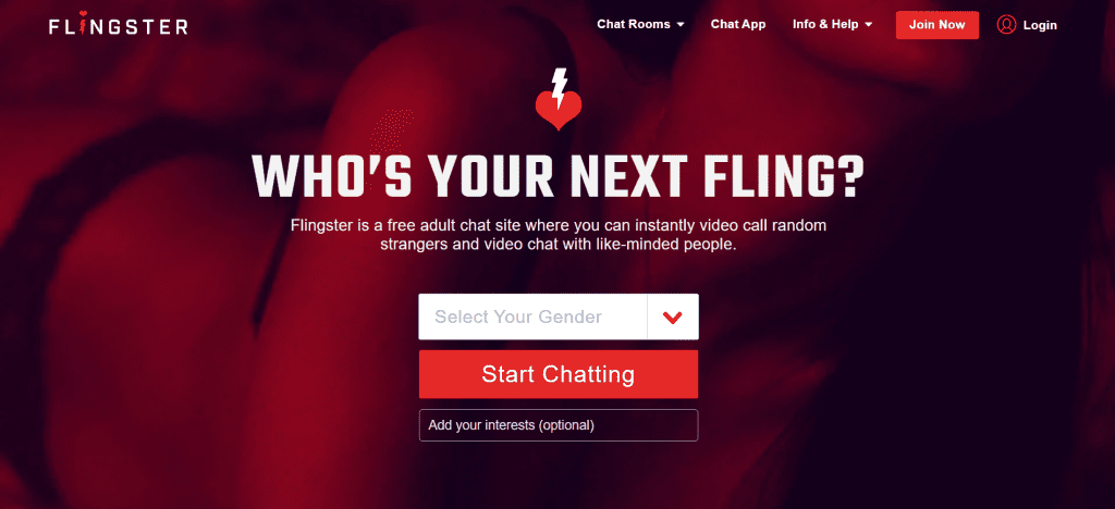 flingster homepage screenshot displaying adult cam platform with random video chat and live video chat with strangers