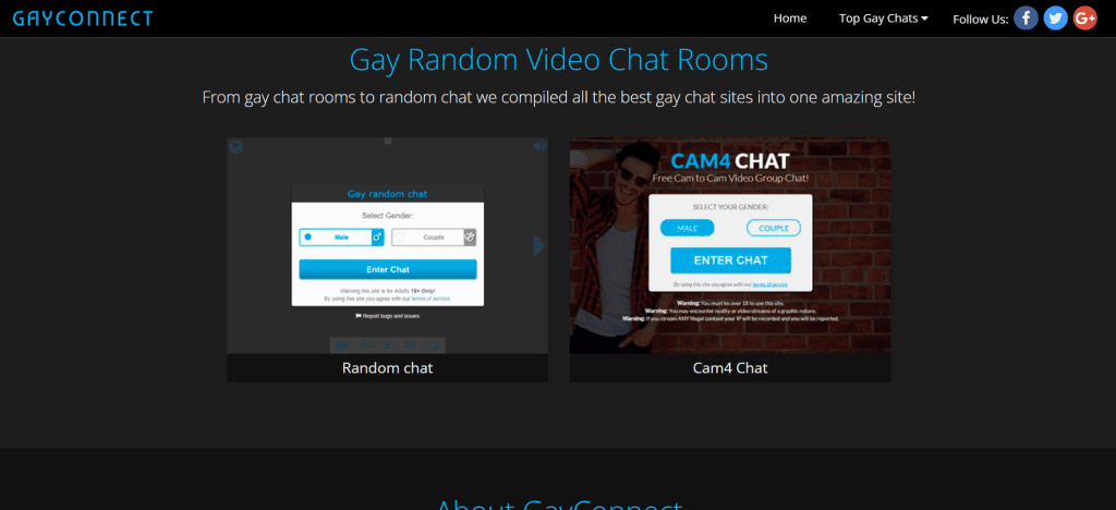 gayconnect homepage screenshot displaying lgbtq focused random video chat interface to chat to strangers online