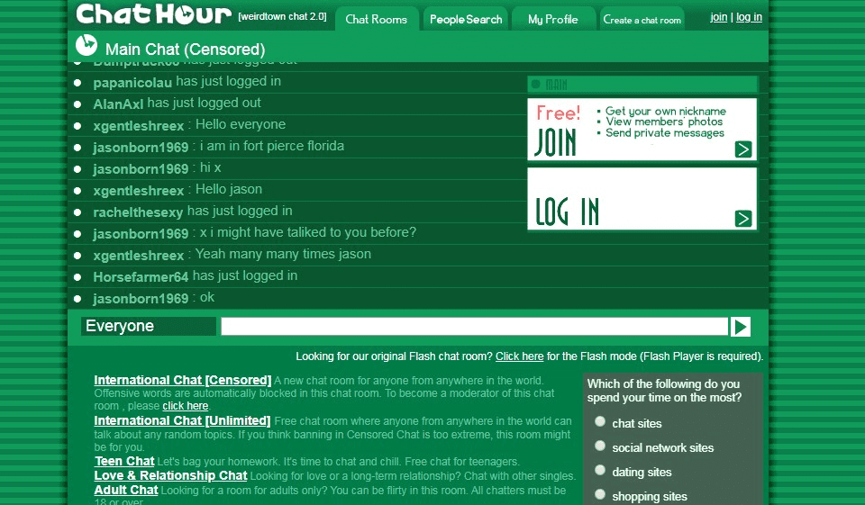chat hour homepage screenshot displaying public chat rooms and stranger video chat features for chat to strangers online