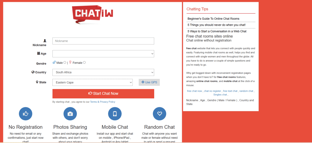 chatiw homepage screenshot displaying public chat rooms and chat to strangers online within a global video chat community