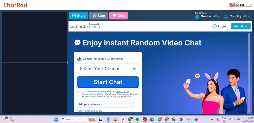 chatrad homepage screenshot displaying random video chat screen with instant pairing system to talk to strangers online