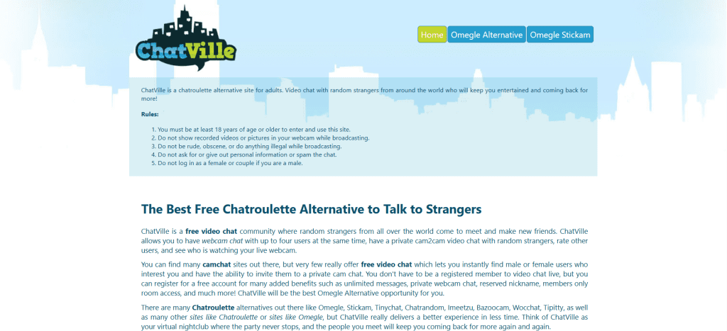 chatville homepage screenshot displaying public chat rooms and random video chat features for chat to strangers online