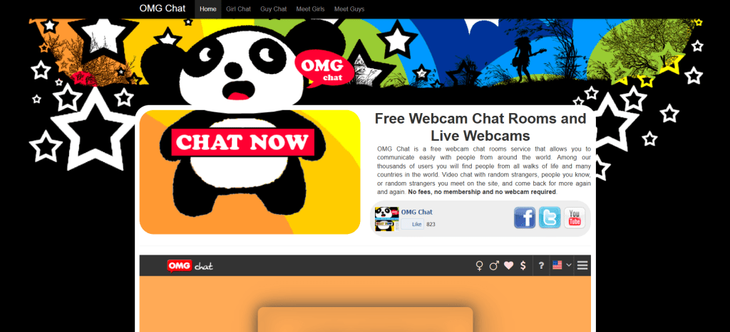 omgchat homepage screenshot displaying public chat rooms and random video chat features to chat to strangers online