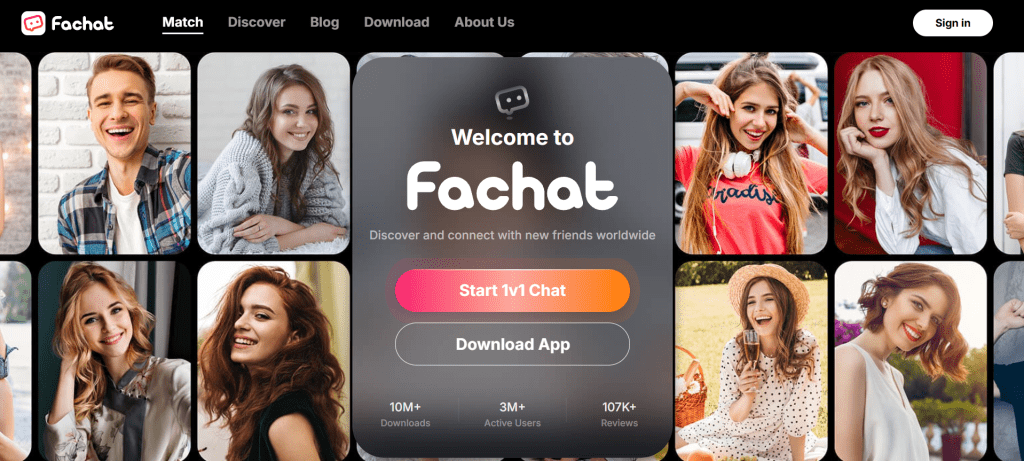 fachat homepage screenshot displaying random video chat interface with instant pairing system to talk to strangers online
