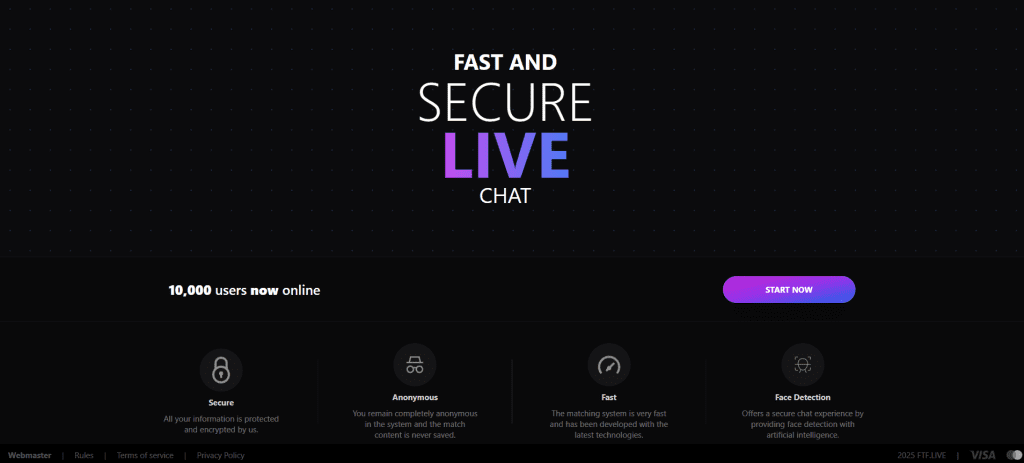 ftf.live homepage screenshot displaying random video chat interface for live face to face interactions and talk to strangers online