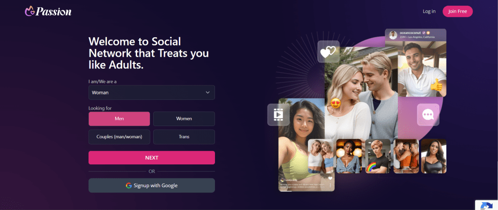 passion.com homepage screenshot displaying adult cam platform with live video chat and cam to cam interactions