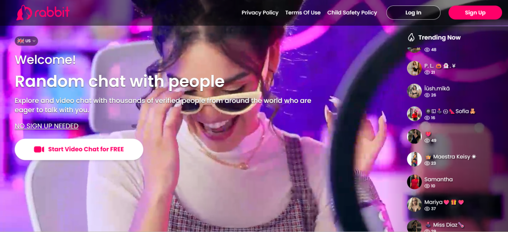 rabbit homepage screenshot displaying random video chat interface for talk to strangers online within a global video chat community