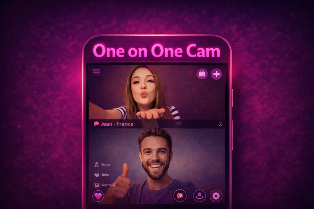 one on one cam homepage screenshot showing private 1 on 1 video call interface for live face to face interactions