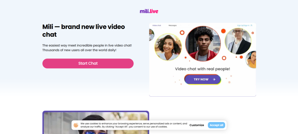 mili image showing random video chat platform with anonymous pairing system and live face to face interactions with strangers online