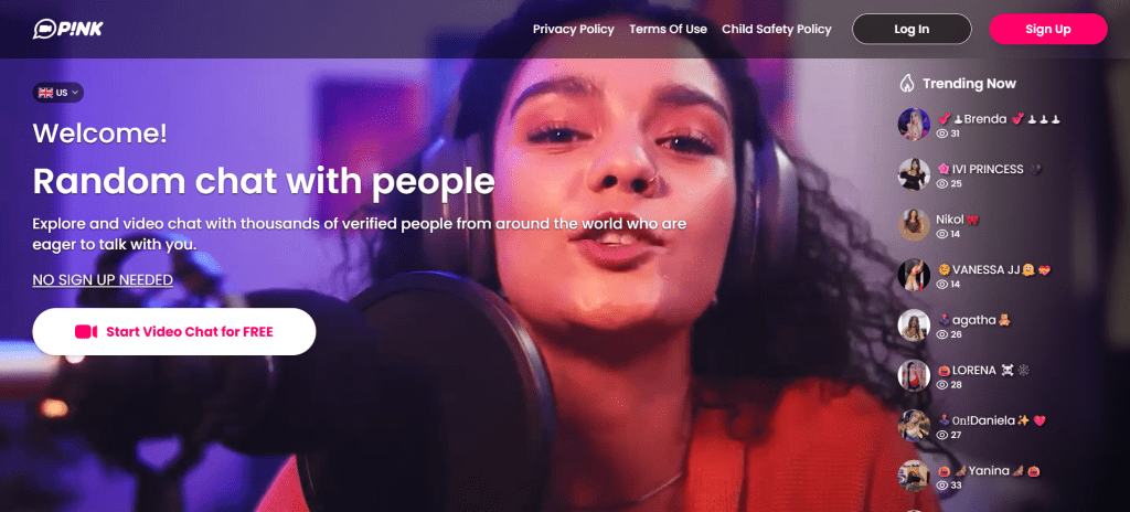 pink video chat homepage screenshot displaying random video chat interface for live video chat with strangers