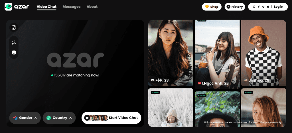 azar homepage screenshot showing random video chat matches and quick profile discovery on an online video chat platform