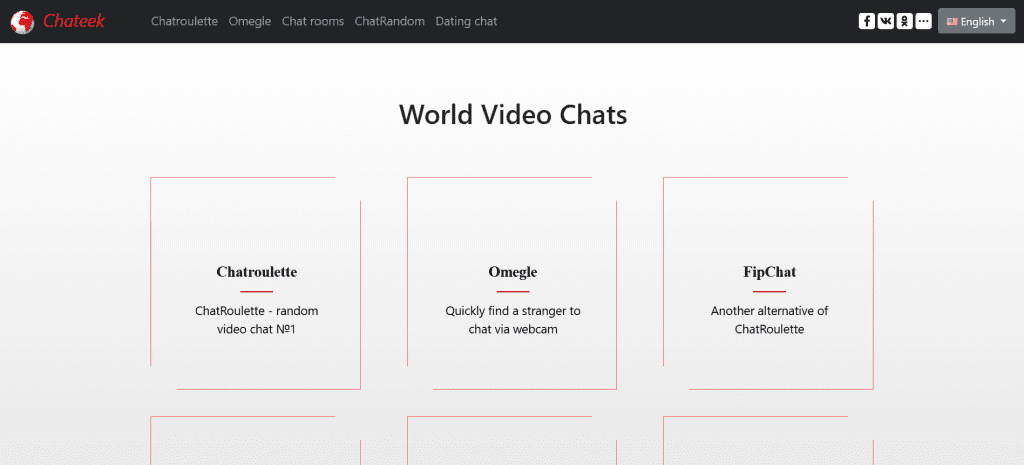 chateek homepage screenshot showing random video chat rooms and quick connect buttons for users who chat to strangers online