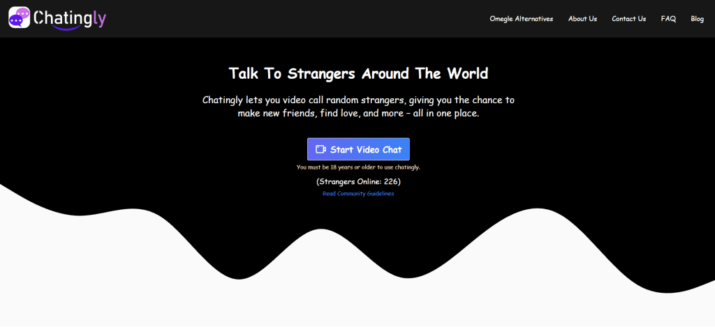chatingly homepage screenshot showing random video chat matching and clean navigation for users who chat to strangers online