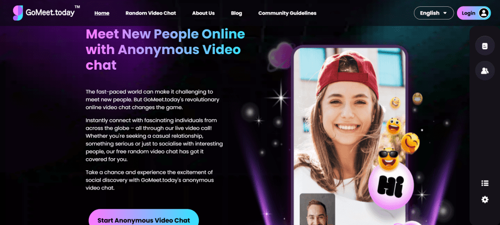 gomeet homepage screenshot showing random video chat interface and instant pairing system to chat to strangers online