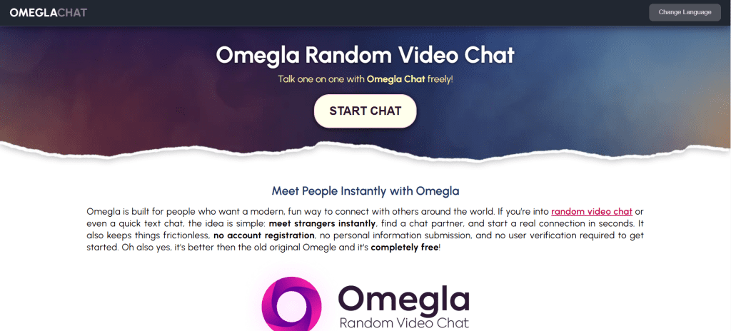 omegla homepage screenshot showing random video chat interface and instant pairing system to talk to strangers online