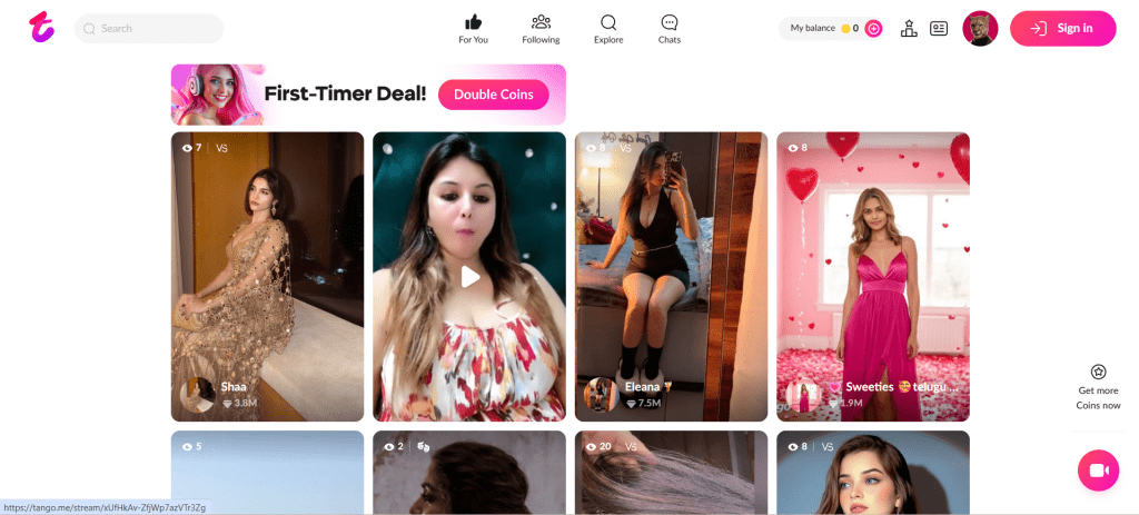 tango live homepage screenshot showing live video chat streams and global video chat community interactions