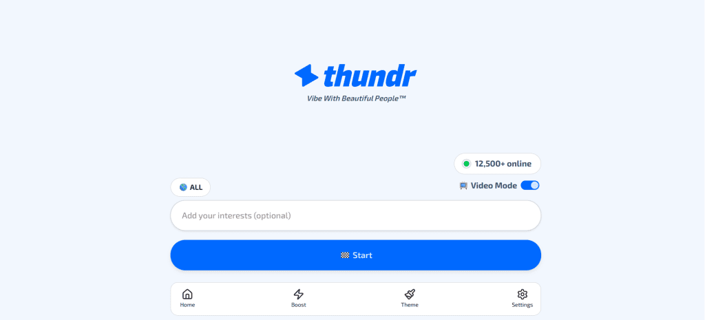 thundr homepage screenshot showing random video chat interface with instant pairing system to talk to strangers online