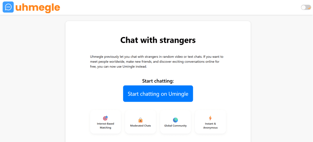 uhmegle homepage screenshot showing random video chat interface and instant pairing system to chat to strangers online