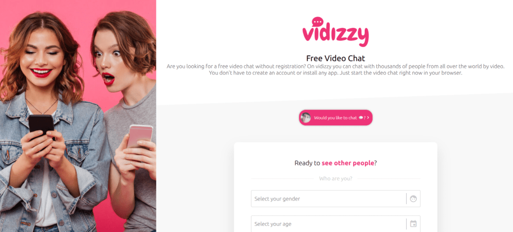 vidizzy homepage screenshot showing random video chat interface with instant pairing system to talk to strangers online