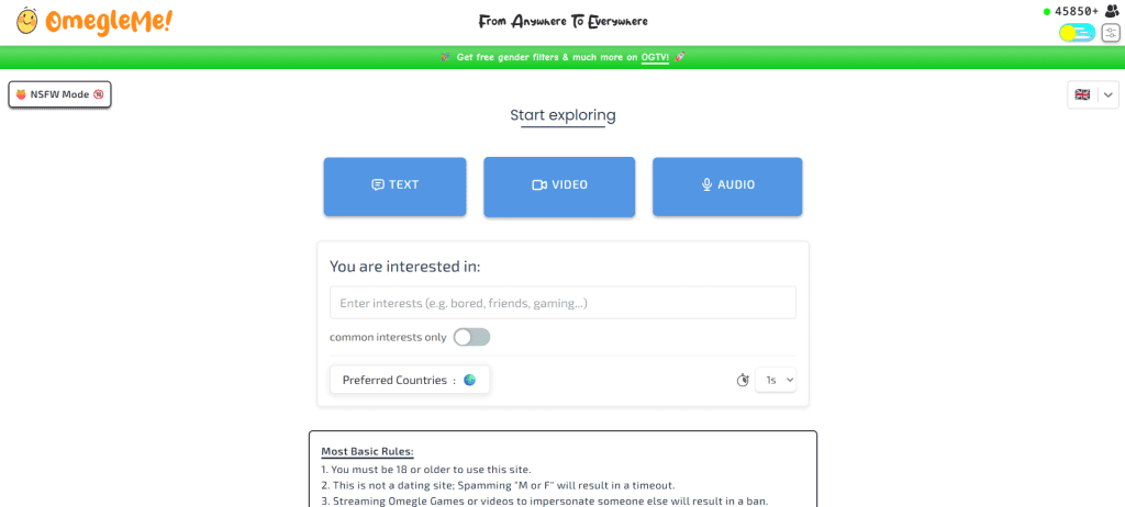 omegleme homepage screenshot showing random video chat interface and instant pairing system to chat to strangers online