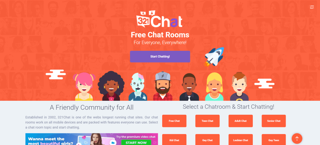 321chat homepage screenshot showing public chat rooms and group chat rooms for users who chat to strangers online